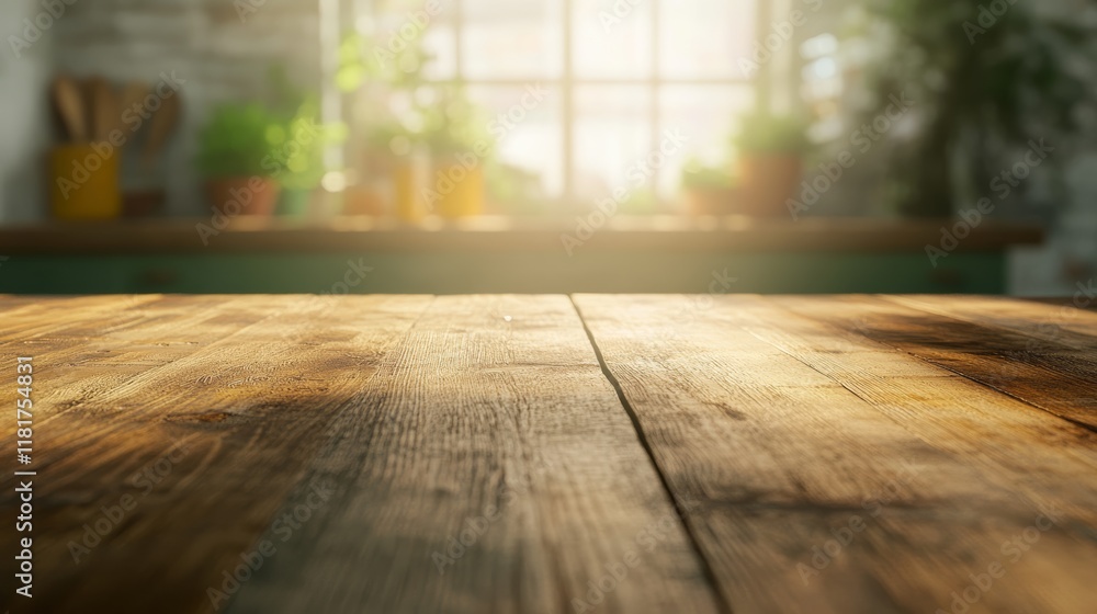 Poster warm sunlight illuminates an empty wooden table in a kitchen, creating an inviting space perfect for
