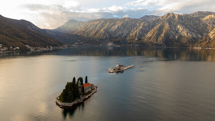 Aerial view of Perast, Our Lady of the Rock and St. George Island on shore of Boka Kotor bay, Montenegro.