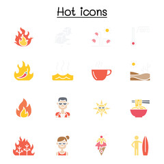 Set of  heat related vector line icons. contains such Icons as heating, temperature, hot coffee, spicy, chili, summer, sun, melting, fire, flame and more.