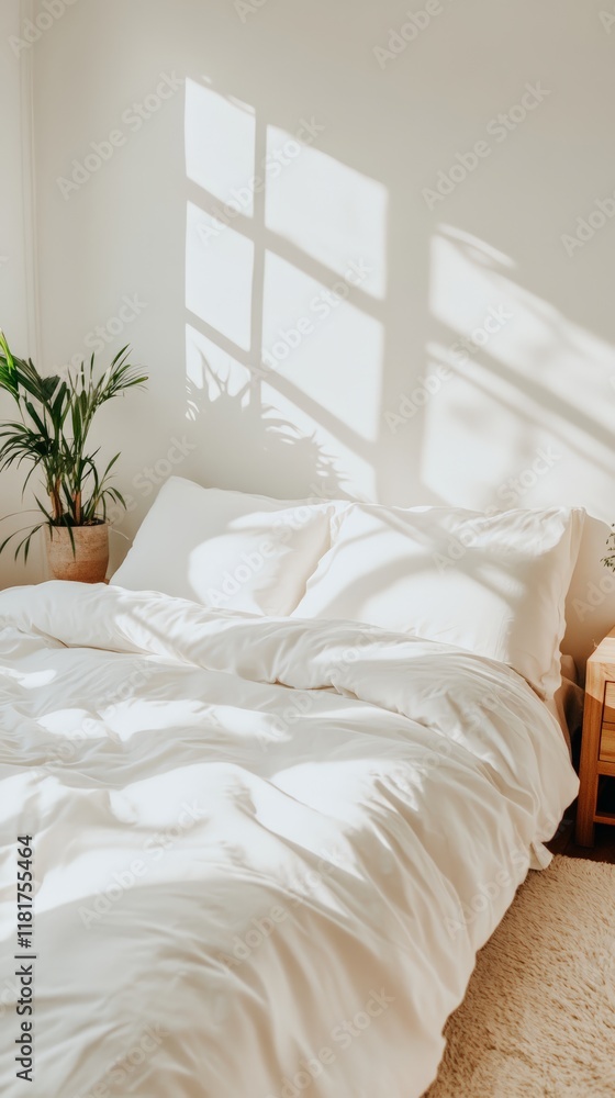 Poster Sunlight streams through a window, casting shadows on an unmade bed with white sheets in a minimalist bedroom, creating a peaceful and cozy atmosphere