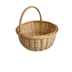 Empty light brown woven wicker basket with handle