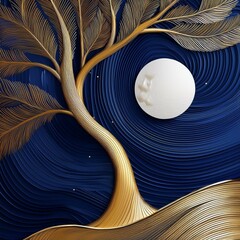 Generated imageGolden Tree of Serenity: Modern 3D Mural with Wavy Lines and White Moon"
A stunning 3D wallpaper design featuring a golden tree against a dark blue backdrop, with a radiant white moon a