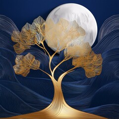 Generated imageGolden Tree of Serenity: Modern 3D Mural with Wavy Lines and White Moon"
A stunning 3D wallpaper design featuring a golden tree against a dark blue backdrop, with a radiant white moon a