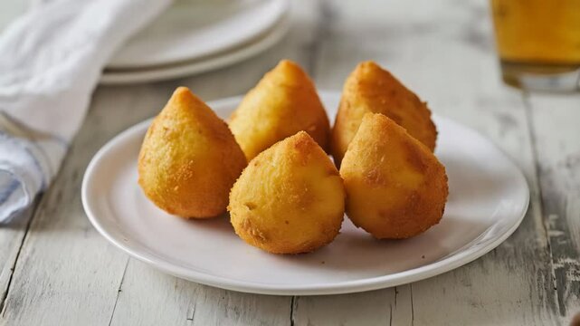 Golden, crispy fried snacks arranged neatly on a white plate, placed on a rustic wooden table