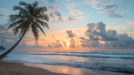 Scenic sunrise over tropical beach with palm tree and rolling sea waves