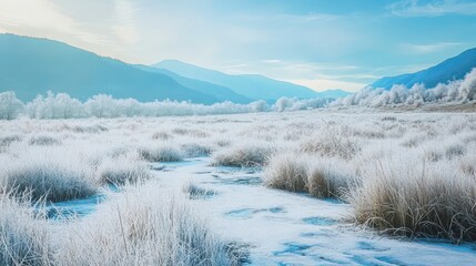 Winter's Embrace: A Frosted Meadow with Majestic Mountains