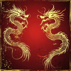 Fototapeta premium Two ornate golden dragons facing each other on a red background, symbolizing power and strength in an artistic design.