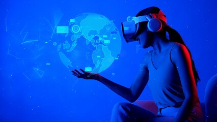 Woman in VR headset changing on world business circle shape to signal point station network international world map. Futuristic technology global connectivity design 3D digital graphic. Hallucination.