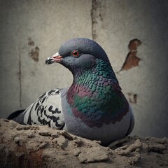A pigeon painted as a camouflage with urban textures, plain surface.