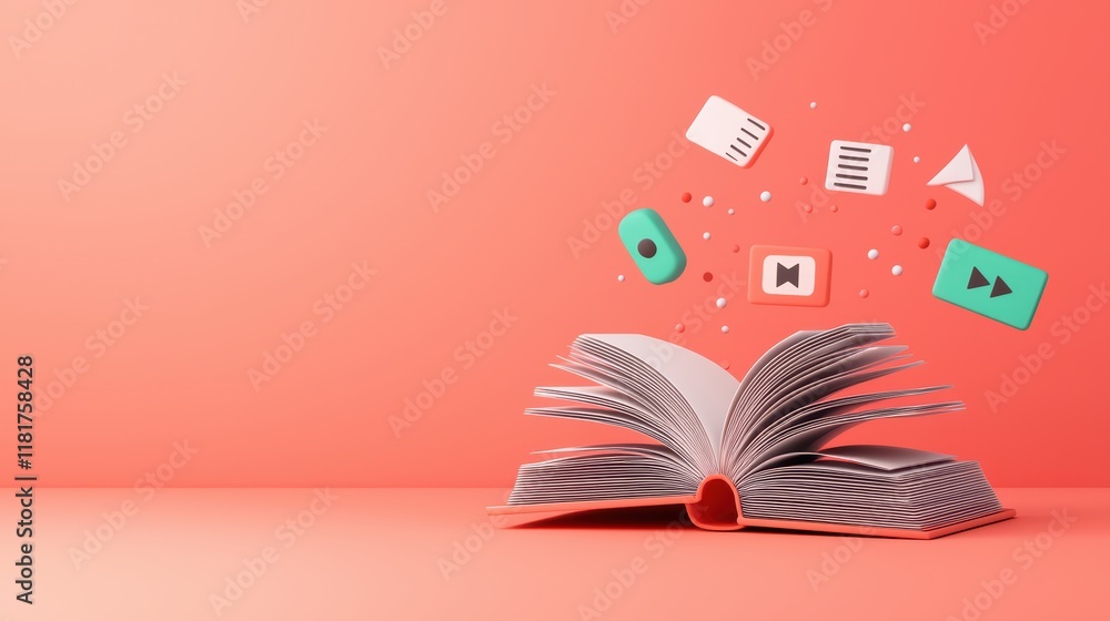 Poster open book with floating digital icons on coral background