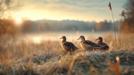 As the sun rises, a group of migratory birds rests peacefully on the riverbank. The warm golden light highlights their feathers, surrounded by autumn foliage and gentle waters