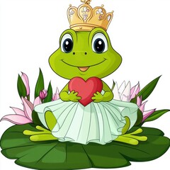 A cheerful frog princess in a crown sits on a lily pad, holding a heart, surrounded by pink lotus flowers.