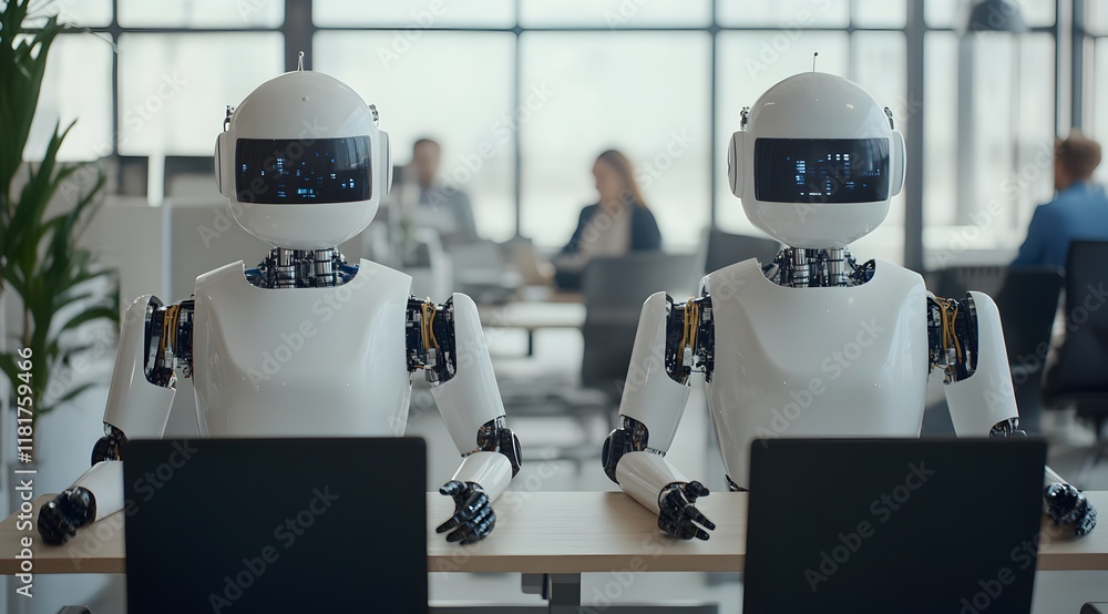 Poster two humanoid robots sit at desks in a modern office, highlighting the integration of technology and 