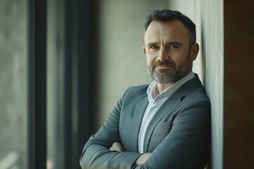 Fototapeta premium Confident Businessman in Modern Office Environment with Natural Light, Professional Attire and Thoughtful Expression Facing Camera