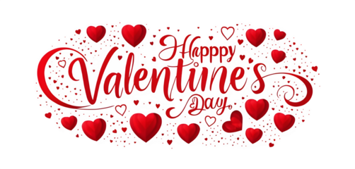 Valentine's Day typography featuring cheerful lettering and red hearts, designed as a standalone label