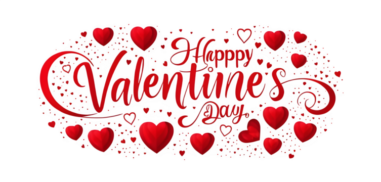 Valentine's Day typography featuring cheerful lettering and red hearts, designed as a standalone label