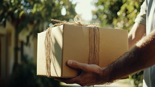Person delivering a package on a sunny day in a neighborhood garden