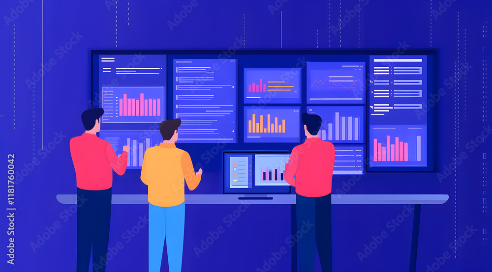 Poster three individuals analyze data on multiple screens, highlighting graphs and code against a vibrant b