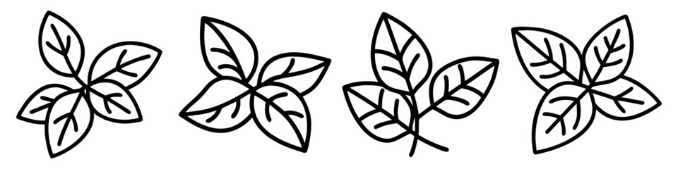 basil leaves icon, vegetables line art, vegetables vector - simple black line art icon of basil leaves perfect for logos, and vegetables-themed designs.