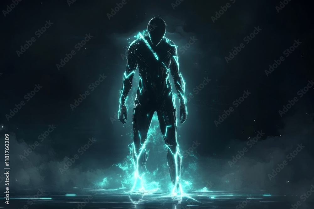 Poster futuristic abstract figure with glowing electric patterns emanating energy in a dark mystical enviro