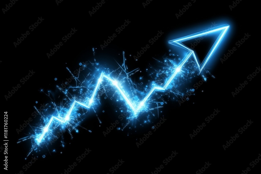 Poster futuristic blue arrow graphic illustrating growth and progress with sparkling effects on a dark back
