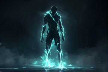 Fototapeta premium Futuristic Abstract Figure with Glowing Electric Patterns Emanating Energy in a Dark Mystical Environment Surrounded by Ethereal Smoke and Light Rays