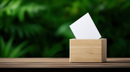 Wooden Box with Blank Sheet on Table Against Green Background