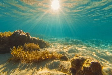 Fototapeta premium Marine fauna and flora, clean scene at the bottom of the sea with rays of sunshine. Clean underwater