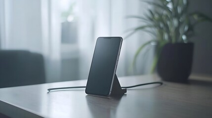 Fototapeta premium Smartphone Connected to a Charger on a Minimalistic Desk