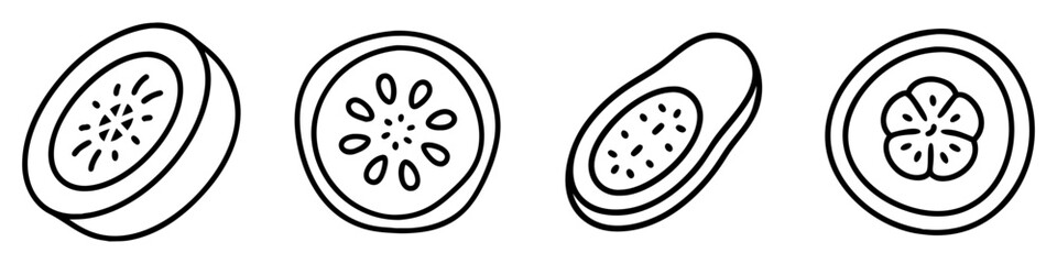 cucumber slice icon, vegetables line art, vegetables vector - simple black line art icon of cucumber slice perfect for logos, and vegetables-themed designs.