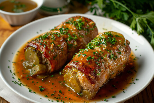 Zrazy, Polish stuffed beef rolls filled with mushrooms and served in sauce.