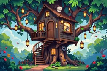 Enchanting Treetop House with Cats Spiral Staircase and Glowing Lanterns in a Lush Forest