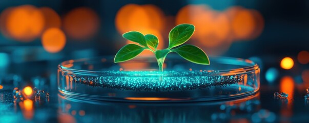 A glowing sprout, nestled within a petri dish amidst micro-particles, symbolizes the innovative power of biotechnology for sustainable growth This image represents cutting-edge research in plant