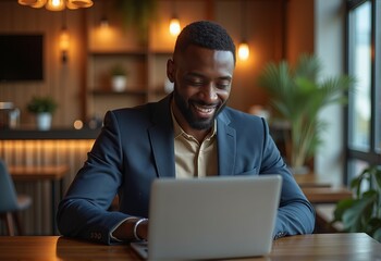 Remote Work in Style: Black Man on Laptop in Modern Cafe Hotel Lobby with Virtual Video Call