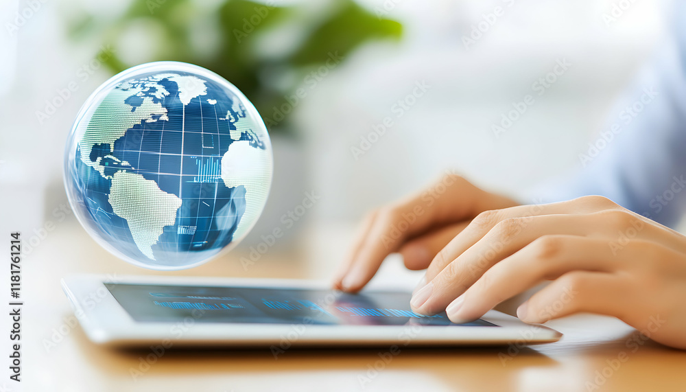 Poster global connectivity concept person using a tablet with a digital globe hovering above, showcasing wo