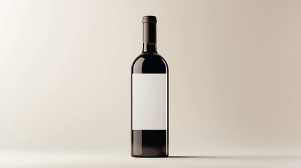 Mockup of a luxury wine bottle with a red and white label, placed horizontally on a soft beige background with natural shadows. The composition leaves empty space on the right for text placement