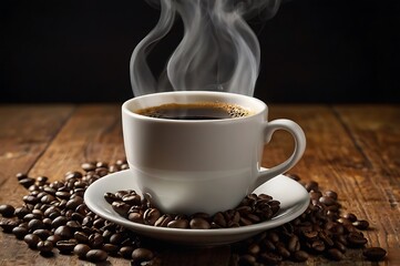 A minimalist composition of a cup of coffee on a suacer with blurred background