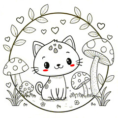 Adorable Kawaii Cat with Floral Wreath and Mushrooms in Whimsical Forest for Coloring Page