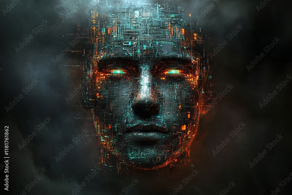 Poster futuristic human-like face merged with digital technology, abstract concept of artificial intelligen