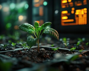 A vibrant sprout thrives amidst holographic displays of real-time environmental data, showcasing advanced eco-monitoring technology for sustainable agriculture and precision farming This futuristic