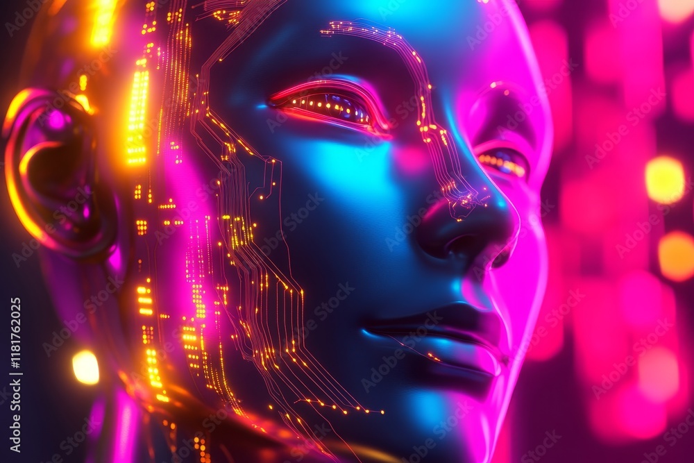 Poster futuristic human-like robot head with neon lights and circuit patterns against a colorful background