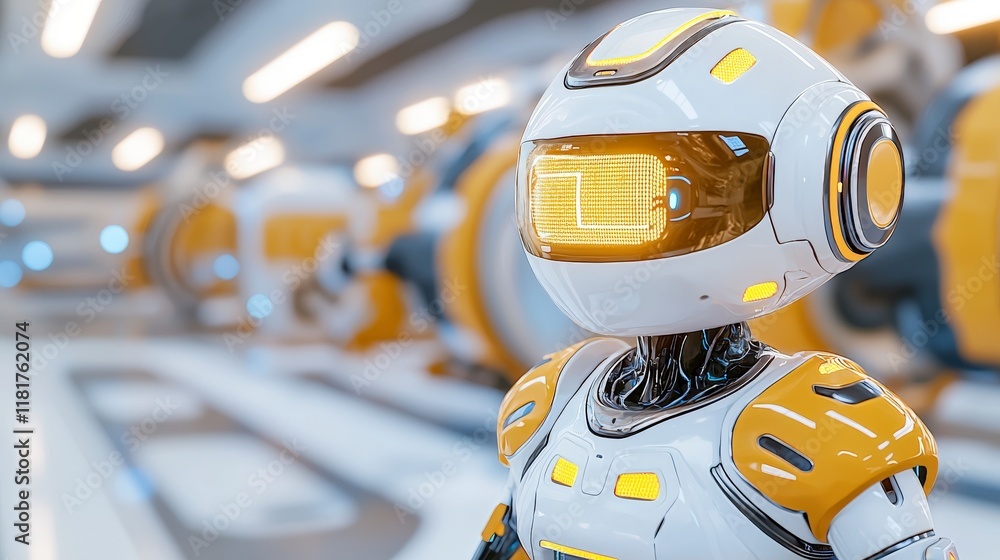 Poster futuristic humanoid robot with glowing visor and sleek design standing in a high-tech laboratory env