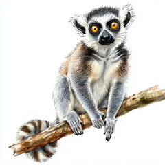 Obraz premium Illustration of the Ring-tailed Lemur resting on the branch, soft watercolor tones, white background, detailed illustration, cartoonish.