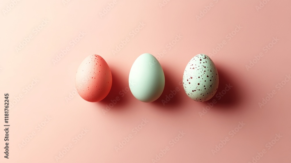 Poster symmetrical arrangement of three pastel-colored eggs on a beige background with ample copyspace for 