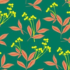 Vector - leaves and berries illustration seamless pattern.