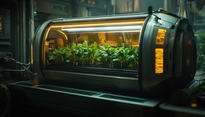 Futuristic hydroponic pod showcasing advanced plant growth technology a sprout nurtured in a liquid nutrient medium within a state-of-the-art, transparent growth chamber, representing scientific