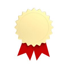 Blank award badge. Isolated. Gold. Icon. Red ribbon. Transparent background. 3d illustration.