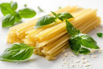 Spaghetti and basil isolated on white background. ,.     