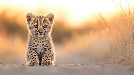 Adorable Leopard Cub Sitting on a Dirt Path with Sunlight in a Beautiful Natural Setting