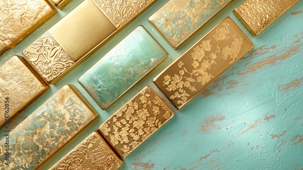 Poster decorative golden bars with intricate patterns on aqua background